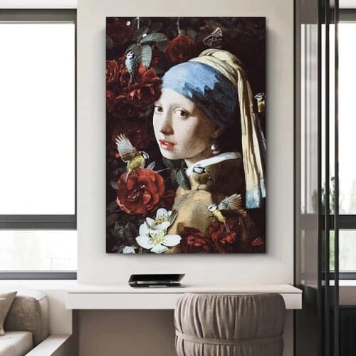 Abstract Flower Girl with Pearl Earring Canvas Painting Posters and Print Cuadro Wall Art for Living Room Home Decor (No Frame)