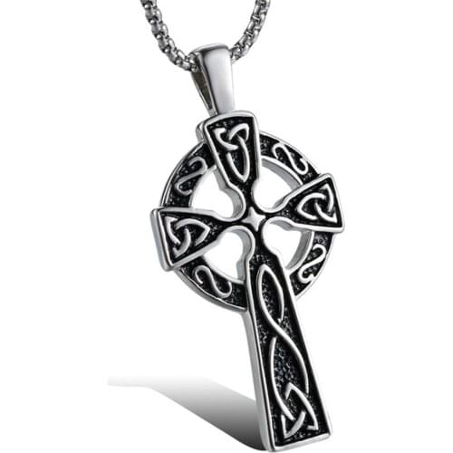 Antique Silver Stainless Steel Celtic Cross Irish Knot Pendant Necklace Crucifix