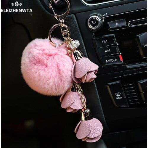 Luxury bag charm rex rabbit fur Pom pom ball fluffy keychain keyring leather flower fur car accessories for girls porte clef
