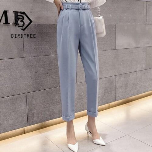 Women Solid Casual Suit Pants 2021 Spring Autumn Straight High Waist Trousers Chic Harem Capris Pant With Belt B18555X