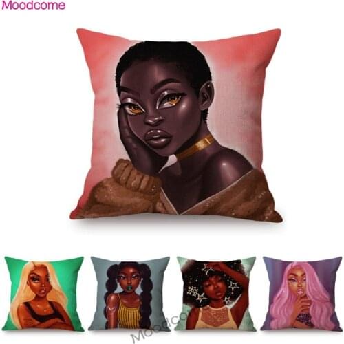 Pink Fashion African Black Girl Colorful Hair Stylish Funky Cartoon Sofa Throw Pillow Case Cotton Linen Decorative Cushion Cover