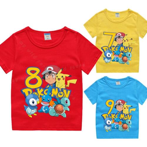Pokemon Baby Cotton T Shirt Kids Pikachu Ash Ketchum Blue Shirt Infant Birthday Number Summer Clothes Cartoon Printed Tees Tops