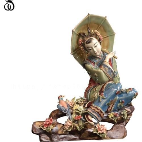 WU CHEN LONG Chinese Decor Ancient Classical Beautiful Women Bird Statue Lady Art Sculpture Ceramic Craft Home Decoration R7053