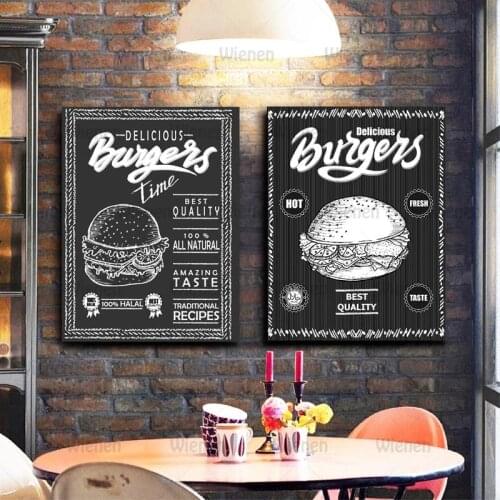 Burger Menu Food Canvas Posters and Prints Black White Pictures Restaurant Hamburger Food Shop Wall Art Decor Canvas Painting