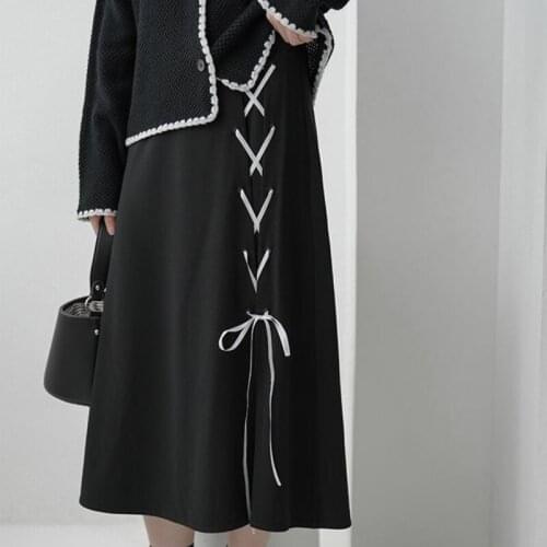 HOUZHOU Vintage Black Long Skirt Women Elegant Lace-up Asymmetry Loose Midi Skirt Office Ladies Korean Fashion Spring Summer