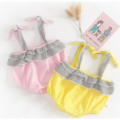 Baby Girls Suspenders Jumpsuits Lovely Lace Up Rompers Cotton Climbing Suits Infant Toddler Girl Triangle Summer Vest Romper