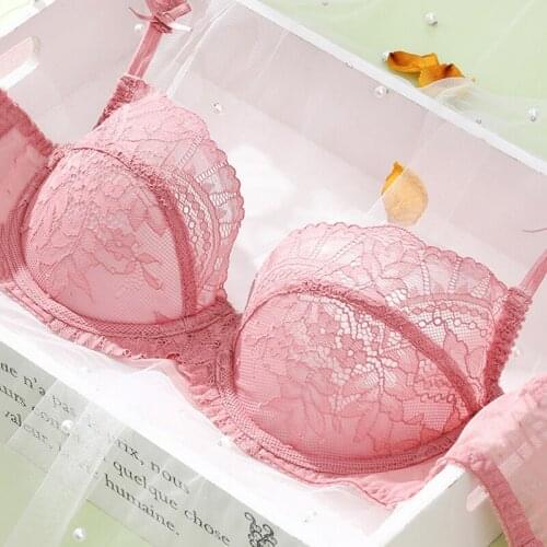2021 Pink Lace Women Underwear Set Underwire Push Up Sexy Transparent Womens Bra And Panties Plus Size D E Girls Lingerie Suit