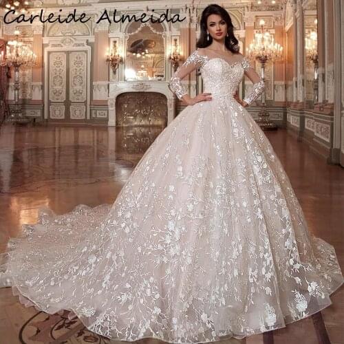 Scoop Neck Long Sleeves Lace Wedding Dresses 2021 Princess Luxury Wedding Gowns Customized Bridal Dress