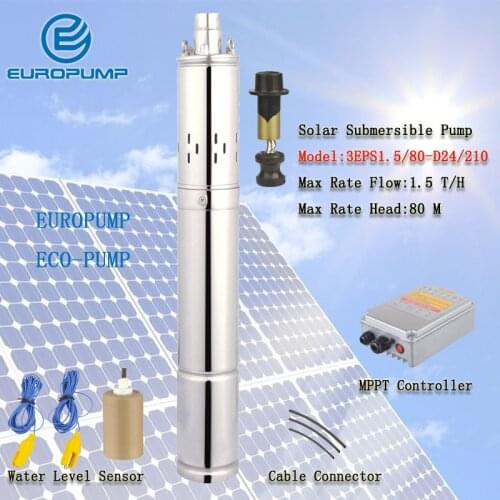EUROPUMP MODEL(3EPS1.5/80-D24/210) 24 volt 80M Lift dc deep well solar submersible water pump system/price solar water pump