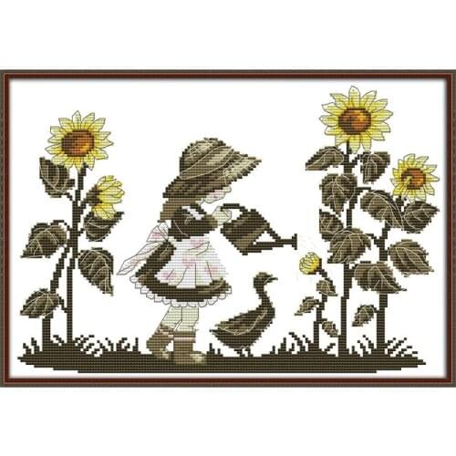 Girl Watering Flowers DIY Counted Cross Stitch Kits DMC 11ct 14ct Cartoon Printed Canvas Embroidery Needlework Sets Home Decor