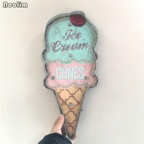 NOOLIM LED Ice Cream Signs Vintage Cafe Shop Decorative Neon Light Home Decor Metal Plate For Wall Retro Coffee Plaque