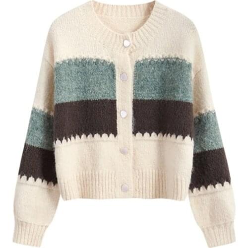 2021 Autumn Winter New Arrivals Womens Knitted Coats Loose Oversize Patchwork Female Sweaters Striped Lady Cardigans Trendy