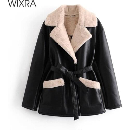 Wixra Womens Coat Jacket Faux Leather Fur Patchwork Overcoats With Belt Streetwear Female Casual PU Outerwears Autumn Spring New
