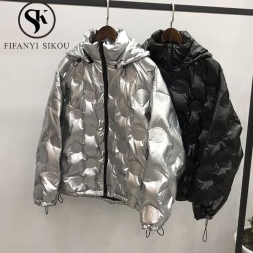 Silver Down Jackets Women Hooded Parka 3D Print Fashion Winter Jacket High Quality Loose Cotton Coat Thick Warm Short Parkas