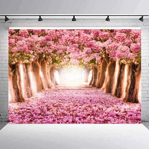 Landscape Backdrop Pink Cherry Blossom Forest Party Photography Background Holiday Celebration Photo Booth Studio Decor