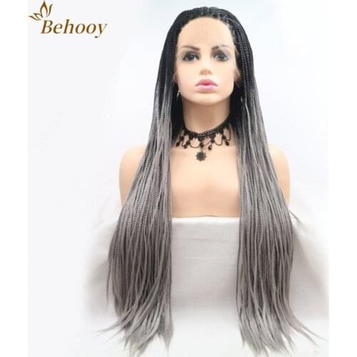 Braided Ombre Grey/Red/Brown Hair Lace Front Wigs Synthetic With Baby Hair High Temperature Heat Resistant Fiber Wigs For Women