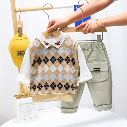 LISUNNY 2021 Spring Boys Baby Clothing Sets Child Clothes Plaid Knitting Vest Shirt Pants Toddler Infant Kids Casual Costume