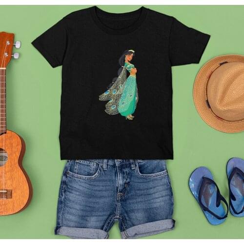 Top T-shirts Disney Princess Jasmine Tshirt Black Printing Casual Tee Cute Summer New Products Childrens T Shirt Loose Trend