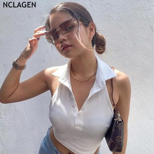 NCLAGEN 2021 Summer Top Turn Down Collar Backless Halter Tank Navel Bare Cropped Top Athleisure Women Aesthetic Outfits Tank