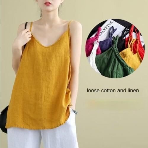 Womens Summer Top Cotton Linen Spaghetti Strap Top Women Halter V Neck Basic Yellow Sleeveless Tank Tops Loose Casual Camis
