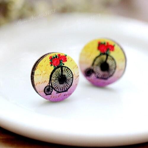 Unique 3D Flower Embossed 16mm Round Coloured Drawing pattern Laser Cut wood Cabochon DIY for Rings, Earring,Brooch,Necklace