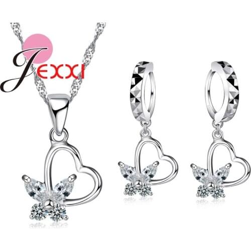 Bijoux Jewelry Set Butterfly With Striking Lover Heart Austrian Crystal 925 Sterling Silver Necklace Earrings Best Selling
