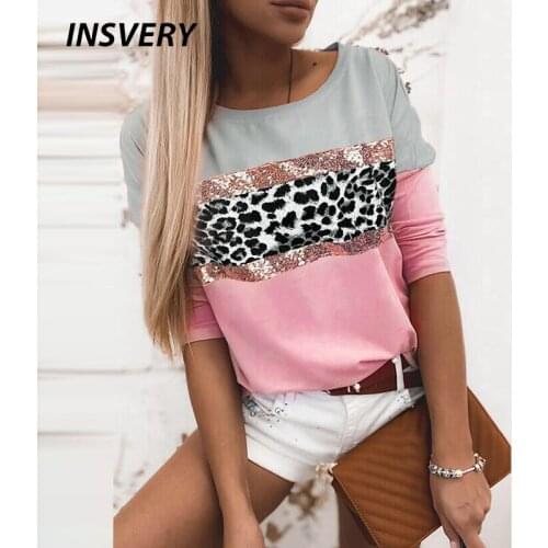 New Women T-shirts Leopard Stitching Color Tee Ladies Tops O Neck Long Sleeve Shirt Women Elegant Tshirt Pullover Streetwear