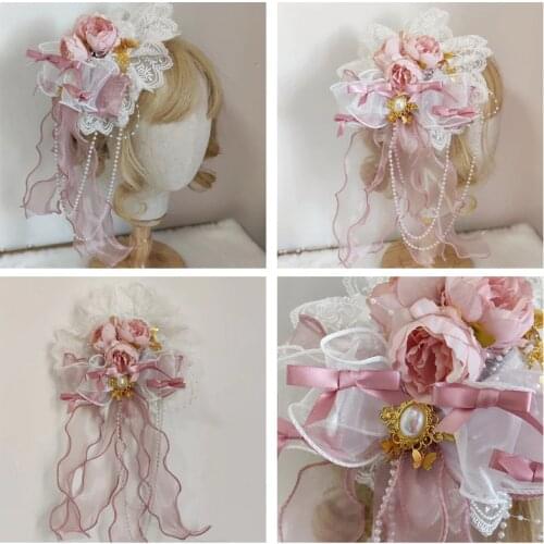 Lolita Girls Sweet Lace Bonnet Top Hat Rose Flower Ribbon Tassels Pearl Chain Flat Cap Anime Kawaii Cosplay Accessories