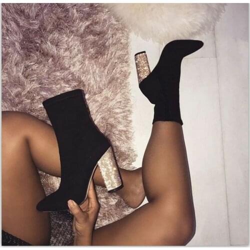 2021 New Women Sock Boots Pointed Toe Elastic Glitter High Heel Slip On Ankle Pumps Stiletto Botas Mujer Boots Zapatos Muje