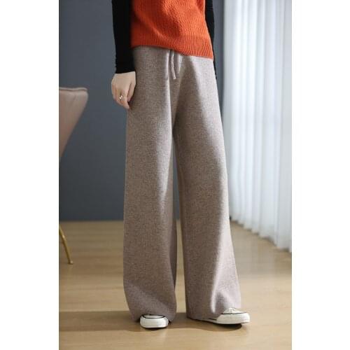 2021 New Autumn Winter Women 100% Wool Elastic Pants Soft Waxy Comfortable High-Waist Knitted Female Solid Color Wide Leg Pants