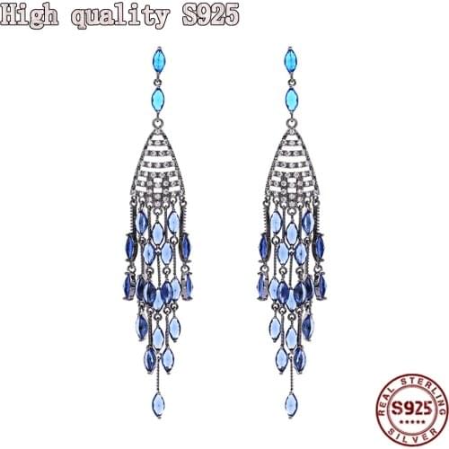 2021 New Personality Blue Crystal Earrings S925 Silver Needle Retro Long Tassel Lady Earrings Fashion Jewelry Wholesale