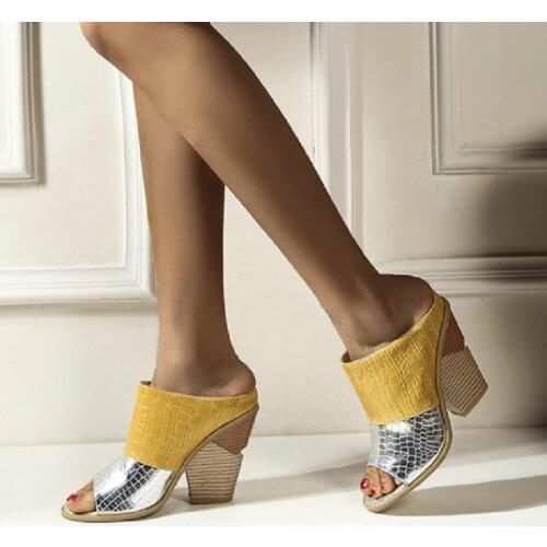 ZawsThia 2020 summer outside peep toe patchwork women slides sandals chunky high heeled slip-on slippers mules woman size 34-48