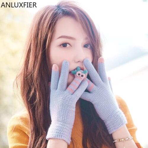 H10062 Women Knitted Gloves Touch Screen Warm Thermal Mittens Autumn Winter Outdoor Korean Cartoon Lovely Cute Girl Hand Muff