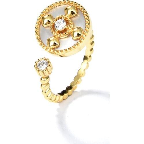 S925 silver open ring geometric round natural white shell stone inlaid zircon flower pattern ring for women