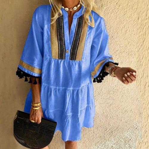 Women Vintage Floral Print Dress Elegant Lady V-Neck Half Sleeve Dress Autumn Summer Bohemian Loose Tassel Cuffs Dress Vestidos