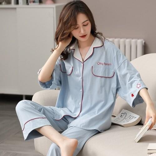Winter 100% Cotton Pajama for Women Three Quarter Sleeves Blue Pijamas Girls Cotton Sleepwear Korean Cute Pyjama Femme Homewear