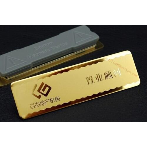10pcs customized gold name badge employee id badge rectangle shape laser engarved personalized badge with magnet or pin