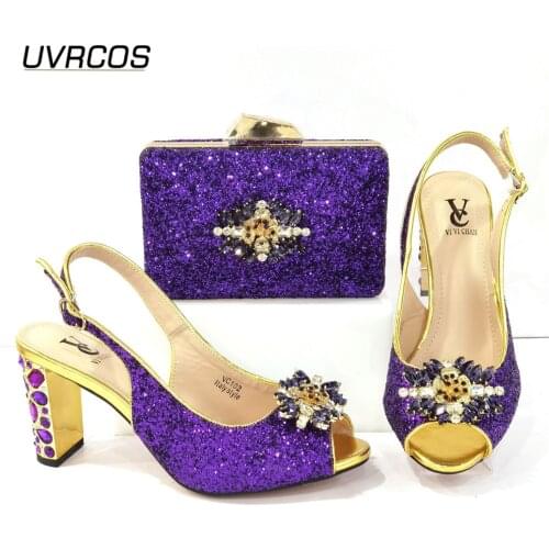 2021 African Lastest Italian Design Party Wedding Women Shoes and Bag Set Decirated With Rhinestone in Purple Color Sweet