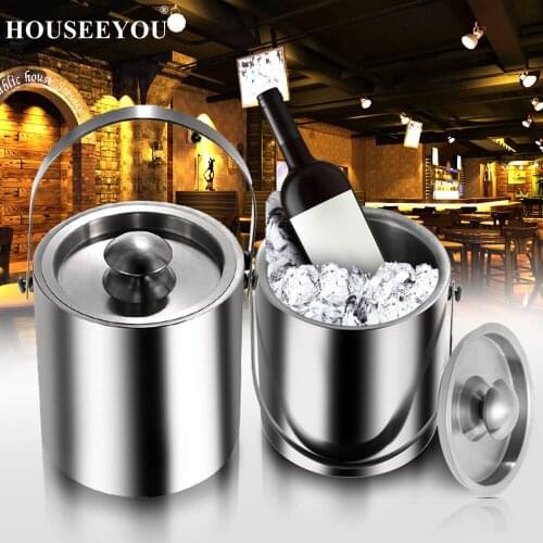 2L/3L Bilayer Stainless Steel Insulation Ice Bucket Wine Cold Barrel Wine Utensils Ice Buckets with Lid and Portable Handle