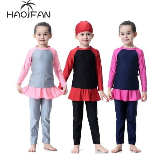 Haofan Girls Muslim Swimwears Baby Swim Long Swimsuits Islamic Children Arab Islam Beach Wear Kids Swim Suits Burkinis Surf 3PCS
