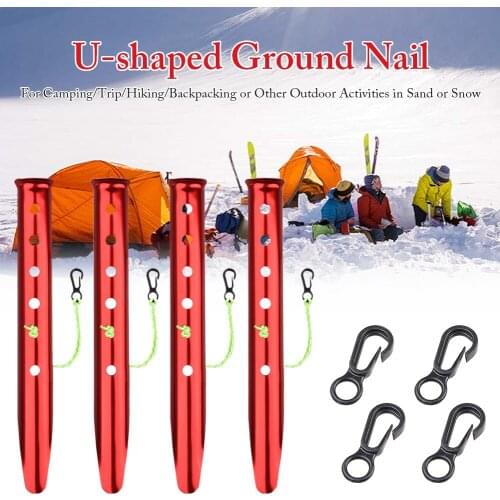4PCS Outdoor Hiking Camping Tent Ground Nail Beach Aluminum Windproof U-shaped Nail Snow Mud Tent Nail with Plastic Hook Wind Ro