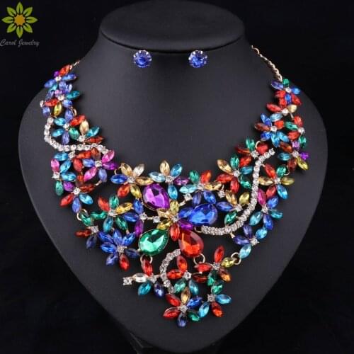 5Color Bridal Jewelry Sets Wedding Necklace Earrings For Brides Party Accessories Gold Color Crystal Jewelry Sets For Women