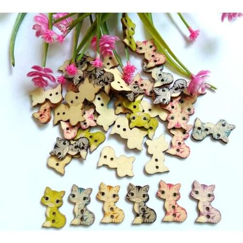 50PCs/lot Cartoon cat Buttons Decorative Scrapbooking Sewing DIY 23x25mm 2 Holes Wooden Buttons Crafts accessories Scrapbook