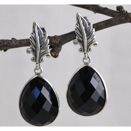 BOCAI New 100% S925 silver retro fashion silver leaf female earrings models real solid 925 silver drop agate earrings