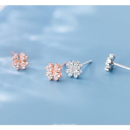 COLUSIWEI 925 Sterling Silver Shining Zircon Four-Leaf Flower Stud Earring for Women Rose Gold Color Earring Wedding Jewelry