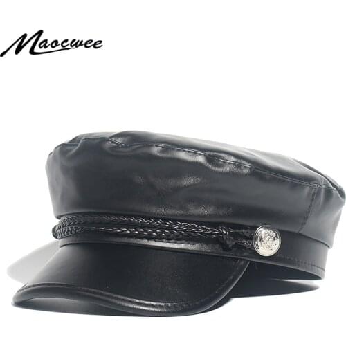 New 2018 Spring PU Hats Faux Leather Casual Thermal Men Military Hat Short Brim Cadet Adult Cap Women Bone Female Black Gorras
