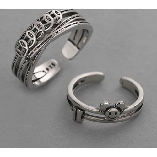 2021 Vintage Ancient Silver Color Happy Smiling Face Open Rings for Women Punk Hip Hop Adjustable Ring Fashion Jewelry Best Gift