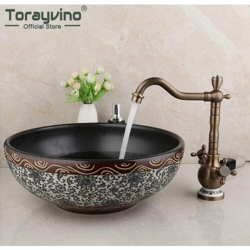 Torayvino Round Ceramic Bowl Vessel Bathroom Basin Sink Antique Brass Faucets Combo Kit Mixer Water Tap With Pop-up Drain