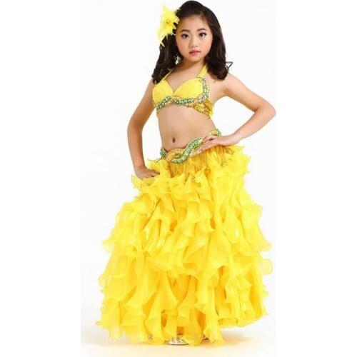 Hot-Sale hand-made sewed Kids Child Belly Dance Costumes 3pcs/set kids/girl stage dancing Outfits one size Bra&Belt&Skirt