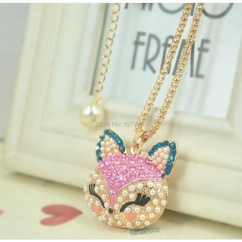 Trendy Crystal Fox Beads Animal Head Pendant Sweater Necklace Rhinestone Snake Chain Long Necklace Jewelry Woman Birthday Gift